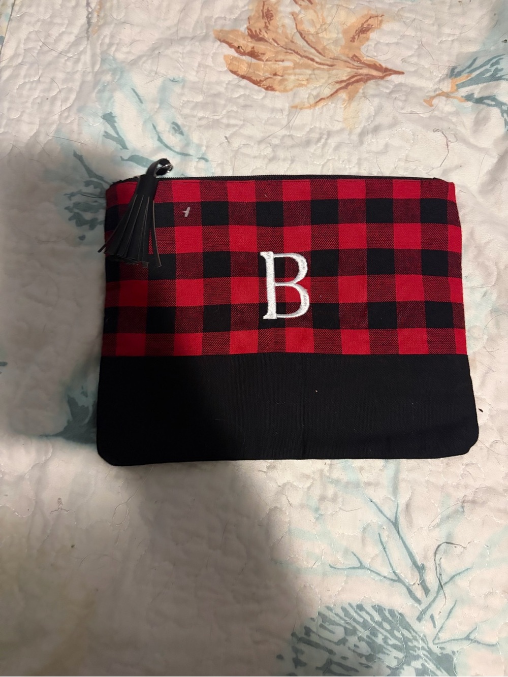 Monogrammed Red & Black Plaid Travel Pouch